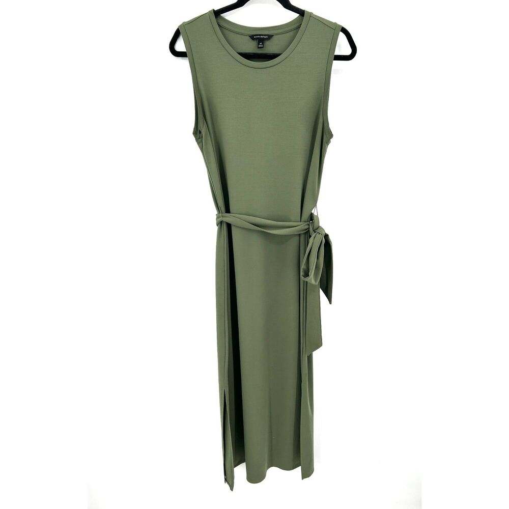 BANANA REPUBLIC Sleeveless Tie Waist Maxi Dress Olive Green Side Slit Medium